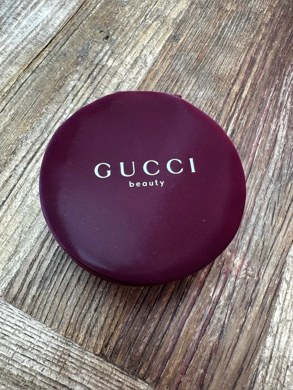 Gucci Burgundy Round Cosmetic Case with Green Gucci Gift Bag
